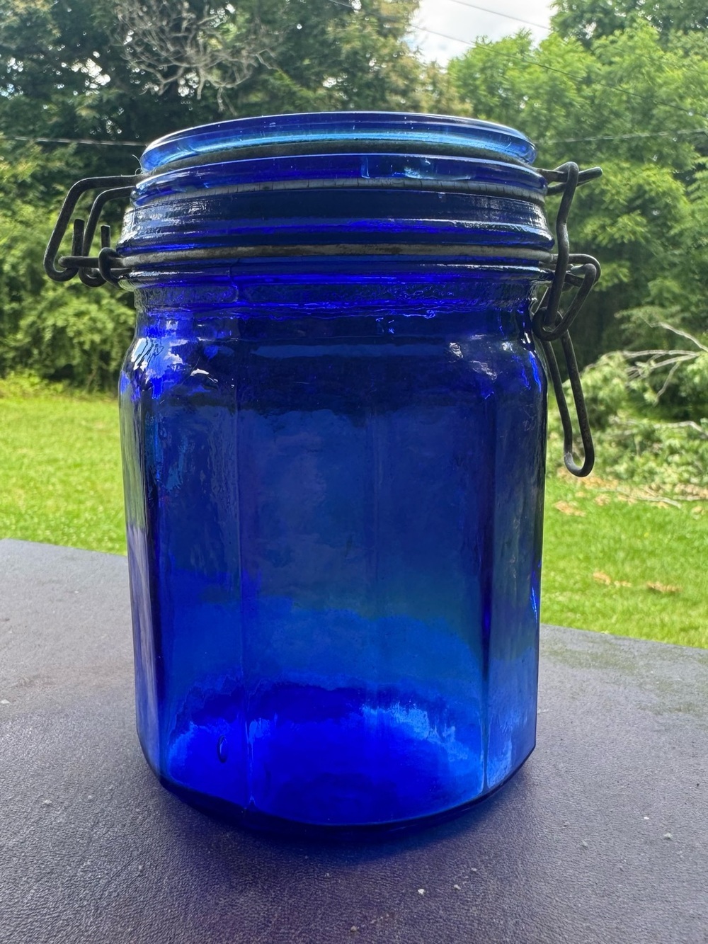 VINTAGE COBALT BLUE CONTAINER WITH HINGED LID